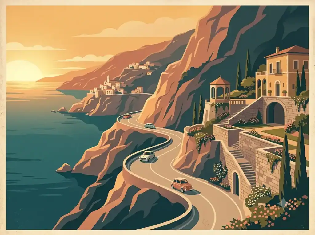 Vintage travel illustration of the Amalfi Coast coastal road, luxury private transfer