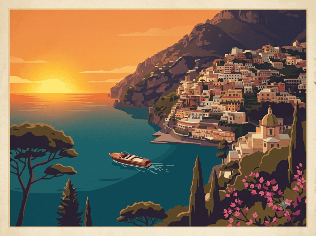 Vintage travel illustration of Positano cliffside houses, Amalfi Coast private transfer