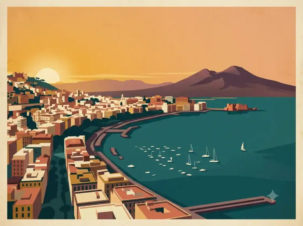 Vintage travel illustration of Naples skyline with Mount Vesuvius, private transfer destination