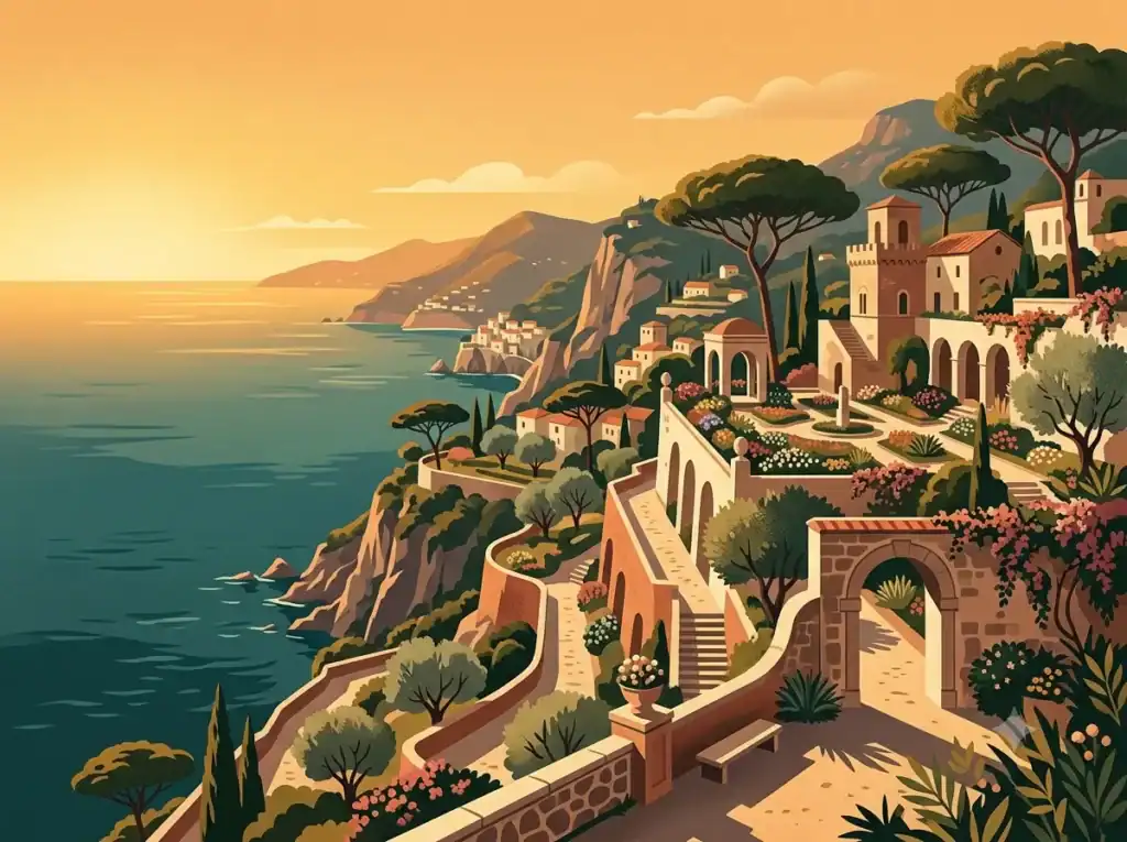 Vintage travel illustration of Ravello gardens and coastal view, private transfer Italy