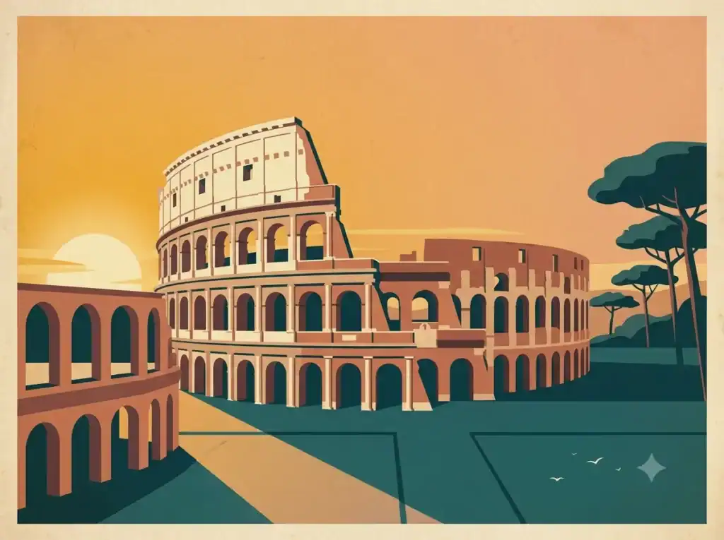 Vintage travel illustration of the Colosseum in Rome, private transfer destination